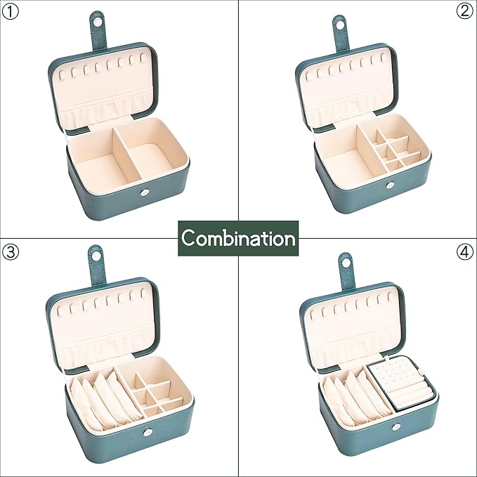 2 Layer Large Jewelry Travel Case with 4 Jewelry Pouches, PU Leather Portable Jewelry Storage Box, Medium Size Jewelry Organizer Box for Earrings, Necklaces, Bracelets (dark green)