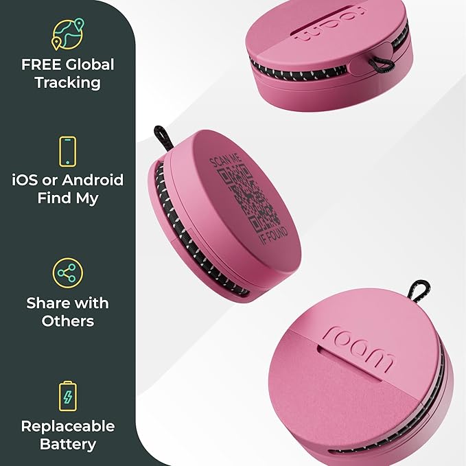 Roam Smart Tracker | Family-Friendly Eco Tracker for Keys, Bags & Kids’ Gear | Works with iOS & Android | Built-in Strap, QR Lost & Found | Replaceable Battery | No Extra App | 1-Pack, Pink