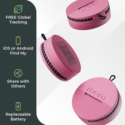 Roam Smart Tracker | Family-Friendly Eco Tracker for Keys, Bags & Kids’ Gear | Works with iOS & Android | Built-in Strap, QR Lost & Found | Replaceable Battery | No Extra App | 1-Pack, Pink