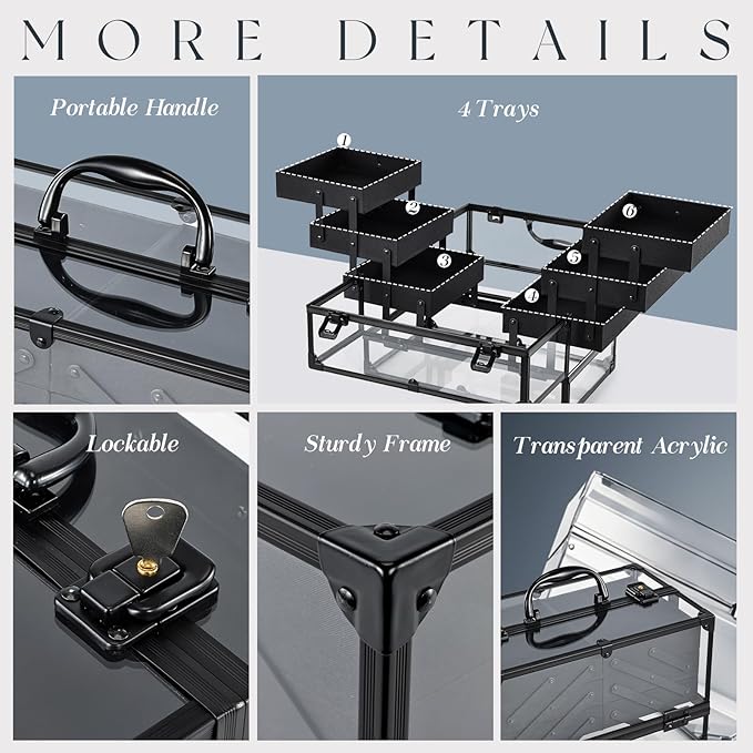 FRENESSA Portable Makeup Case Cosmetics Display Cases Toiletry Organizer Box Transparent Acrylic Artists Train Case with 6 Trays Travel Makeup Tools Storage for Vanity Counter Dresser Organizer Black