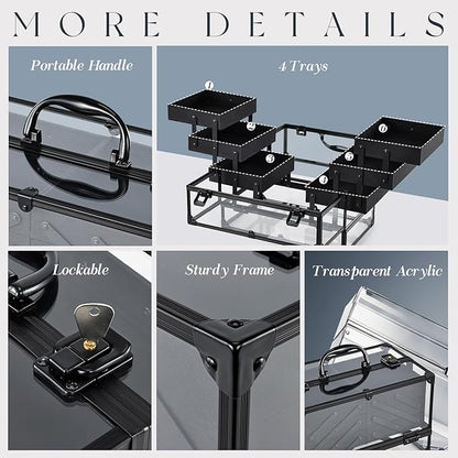 FRENESSA Portable Makeup Case Cosmetics Display Cases Toiletry Organizer Box Transparent Acrylic Artists Train Case with 6 Trays Travel Makeup Tools Storage for Vanity Counter Dresser Organizer Black