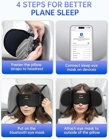 Airplane Pillow with Bluetooth Sleep Eye Mask, Travel Pillows for Airplanes Long Flight, Compact Plane Head Strap for Sleeping Upright 360° Support, Traveling Essentials to Secure Head & Neck (Black)