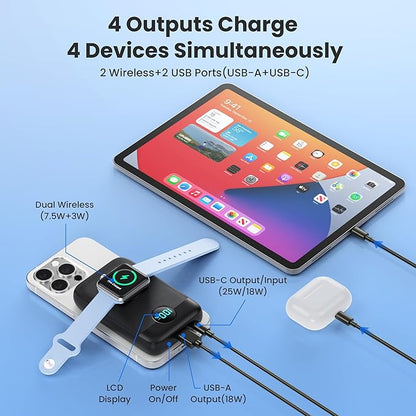 Magnetic Portable Charger for iPhone & Apple Watch,10800mAh 25W PD QC4.0 Fast Charging USB C Power Bank,4 Output Dual-Side Magnet Travel Essentials Battery Pack for iPhone 17/Air/16/15/14/13/12 Series