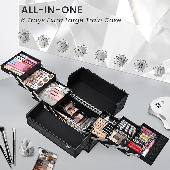 FRENESSA Makeup Train Case Makeup Case 11.8 Inch Large Cosmetic Box Organizer Travel Storage Professional Make Up Train Carrying Case with 6 Trays Locking Hard Vanity Storage Dark Black
