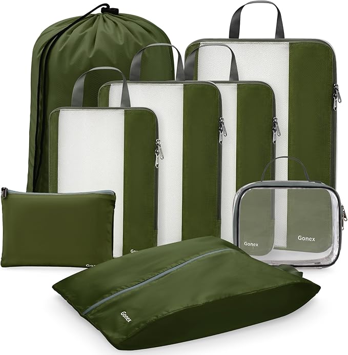 Gonex 8 Set Compression Packing Cubes for Travel, Expandable Mesh Packing Organizer for Travel Accessories Essentials with Toiletry Bag, Laundry Bag, Shoe Bag, Cable Bag for Carry On, Deep Green