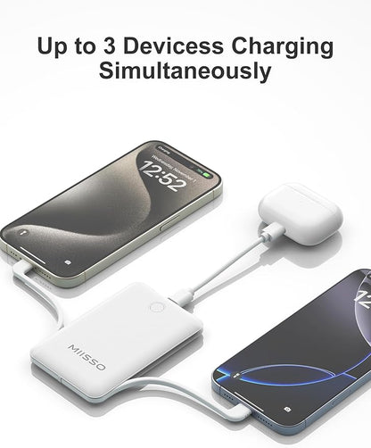 10000mAh Compatible with iPhone 15/16/17 and Android, Slim Portable Charger with Built in Cable, Power Bank Travel Charger External Battery Pack for Phone, 3 Output USB Type C, 2 Pack Black & White