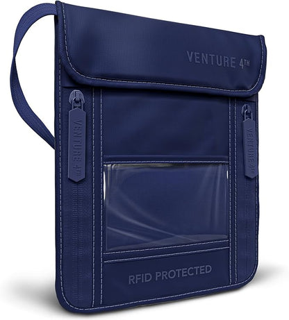 VENTURE 4TH Neck Wallet, RFID Blocking Passport Holder for Travel – Hidden Neck Pouch with 5 Compartments, Slim Lightweight Organizer with Adjustable Strap for Cash, Cards & Passport (Sleek Navy Blue)