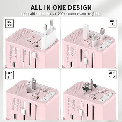 EPICKA Universal Travel Adapter, International Power Plug Adapter with 3 USB-C and 2 USB-A Ports, All-in-One Worldwide Wall Charger for USA EU UK AUS (TA-105C, Pink)