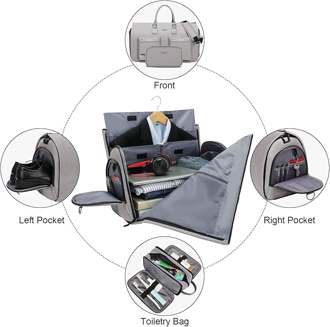 Convertible Garment Bag with Toiletry Bag, Modoker Carry on Garment Duffel Bag for Men Women - 2 in 1 Hanging Suitcase Suit Travel Bags, Light Grey