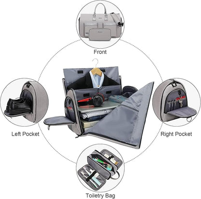 Convertible Garment Bag with Toiletry Bag, Modoker Carry on Garment Duffel Bag for Men Women - 2 in 1 Hanging Suitcase Suit Travel Bags, Light Grey