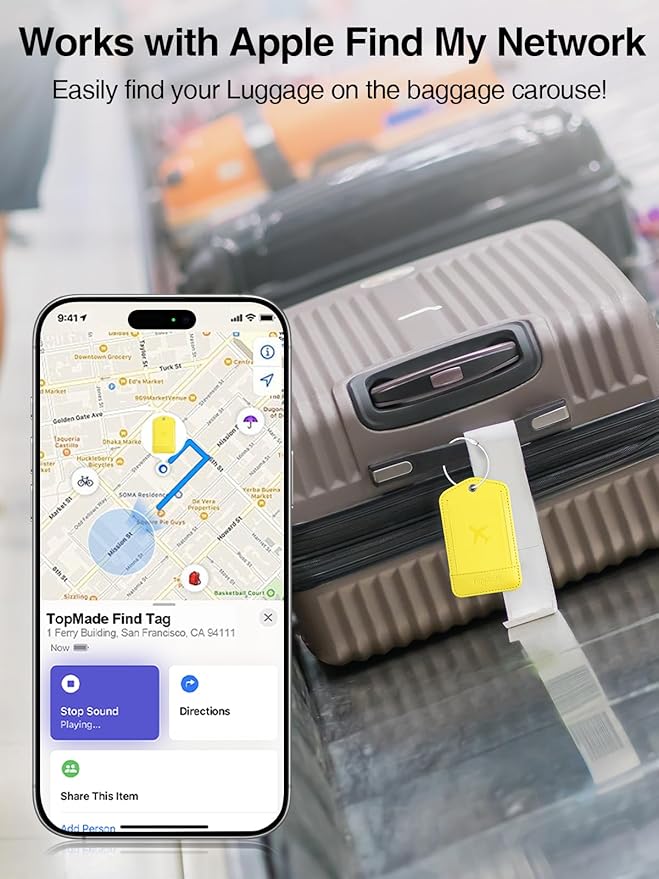 TopMade Smart Luggage Tag with Find My, Premium Leather Luggage Tags for Suitcase, Travel Bags, Backpacks, Anti-Lost Suitcase Tag Tracker for Travel with Privacy Name Card, Rechargeable