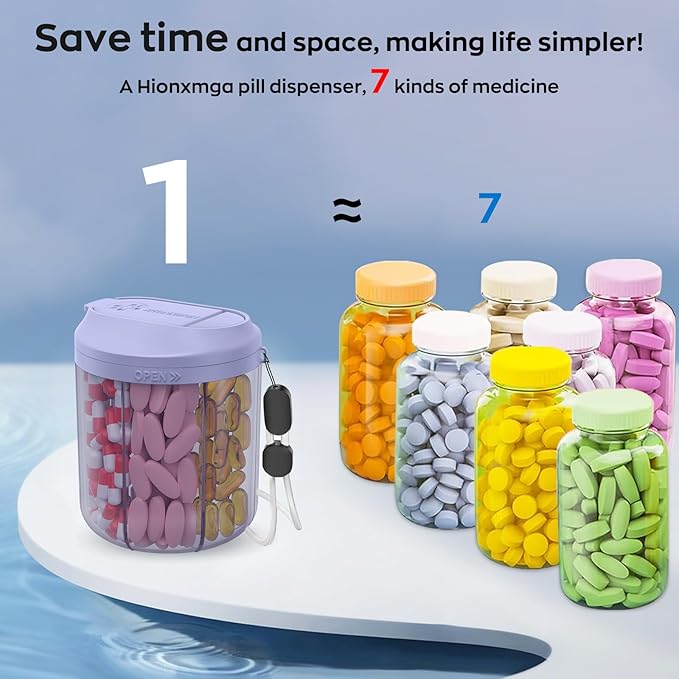 Pill Dispenser with 7 Large Compartments, 4.4" H x 3.6" Dia Pill Organizer for Travel, Supplement Organizer with Anti-Mixing Design, BPA-Free Pill Container with 20 Pcs Labels, Black+ Purple