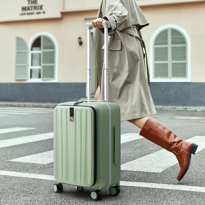 Hanke 26 Inch Large checked Luggage PC Hard Shell luggage Top Opening Aluminum Frame Travel Luggage Suitcases with Wheels for Woman Men.(Bamboo Green)