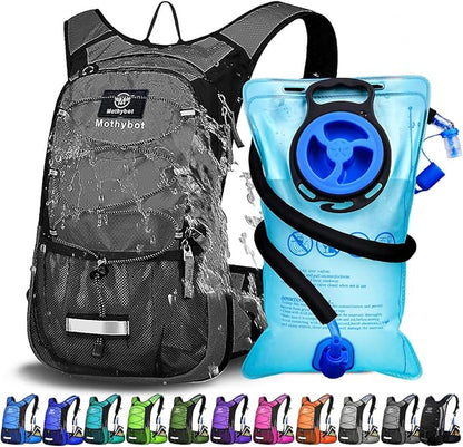 Insulated Hydration Backpack Pack with 3L BPA Free Leak Proof Water Bladder, Large Storage Lightweight Hiking Daypack with Waist Pouches & Cooler Layer, for Running, Biking, Camping, Festival