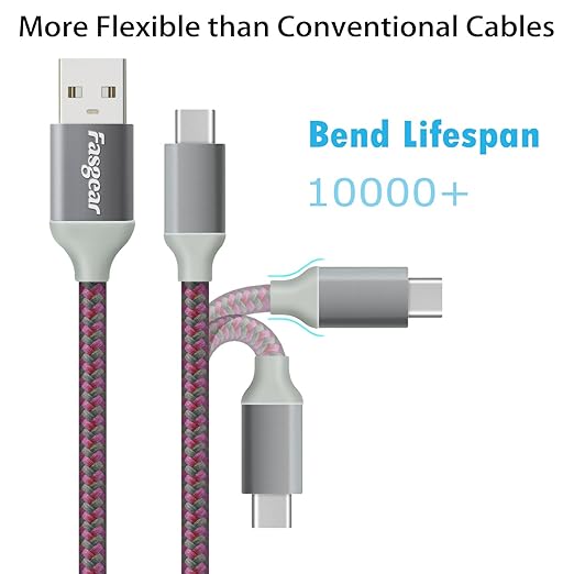 Fasgear 10ft USB-C to USB A Cables 3 Pack Long 3A Fast Charging Type C Charger Cord Nylon Braided Compatible with Galaxy S21 Note 10 S9 S8 A70 A60 A51/LG V20 G6/Moto Z /PS5 (Blue/Black/Rose)