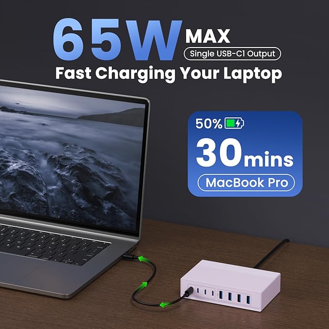 200W USB C Charger Block, 8-in-1 GaN III USB C Charger Fast Charging Station Hub, PD 65W Laptop Charging Adapter for MacBook Pro/Air/Dell XPS/iPhone 16/15/14/iPad/Galaxy S24 (Purple)