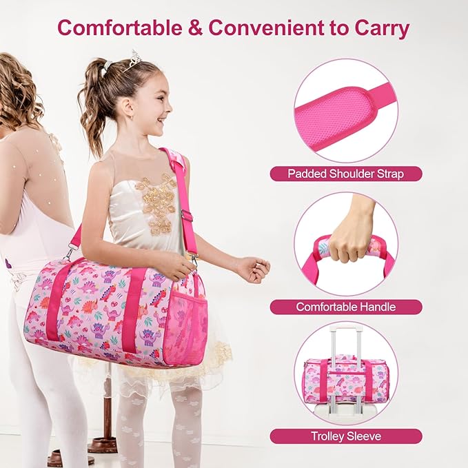Bagseri Dance Bag for Girls - Waterproof Kids Duffel Bag for Ballet Sports Gymnastics Overnight with Shoe Compartment and Dry Wet Separation Pockets (Pink & Crown Dinosaur)