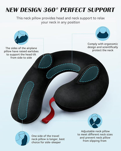 Patented Design Inflatable Travel Neck Pillow – Airplane Neck Pillow with 360° Head & Neck Support, Soft Washable Velvet Cover, Compact Neck Support Pillow for Airplane,Train,Car,Office & Home (Black)