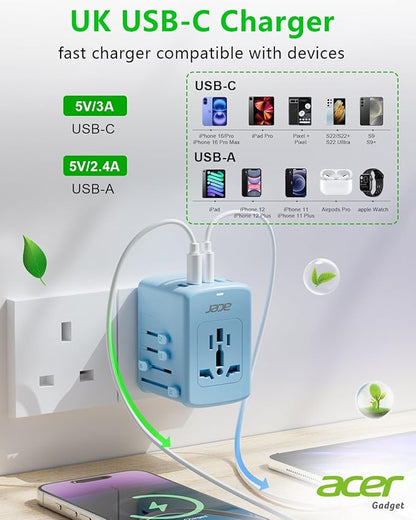 Acer Universal Travel Plug Adapter - International Power Adapter with 5 USB Ports (3 USB C) 5.8A, Worldwide Outlet Charger for USA to European UK France Germany Spain, Type C/E/F/G/I/L/A, Blue