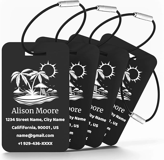 4 PCS Personalized Luggage Tags for Suitcases, Custom Aluminum Luggage Tags for Bags and Backpacks, Waterproof & Heavy Duty Personalized Metal Name Tags for Travel (Black)