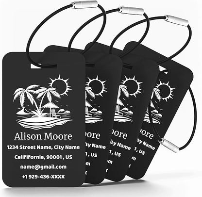 4 PCS Personalized Luggage Tags for Suitcases, Custom Aluminum Luggage Tags for Bags and Backpacks, Waterproof & Heavy Duty Personalized Metal Name Tags for Travel (Black)