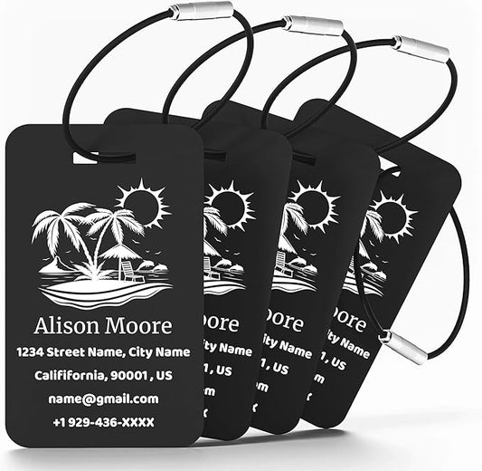 4 PCS Personalized Luggage Tags for Suitcases, Custom Aluminum Luggage Tags for Bags and Backpacks, Waterproof & Heavy Duty Personalized Metal Name Tags for Travel (Black)