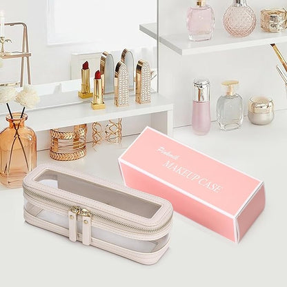 Pinkmik Makeup Brush Case Clear Travel Cosmetic & Toiletry Bag Slim Makeup Bag with Zipper Small Purse Organizer Car Essential Bag for Women (Beige, SLIM-1)