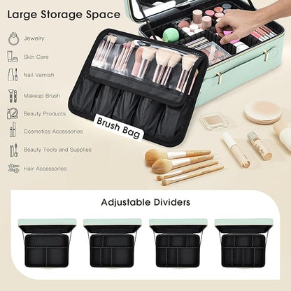 Leather Makeup Case with LED Lighted Mirror 11.4 Inch Travel Makeup Bag Adjustable Brightness in 3 Colors Cosmetic Organizer Artist Storage Bag with Dividers Brush Holder Storage Vanity Watery Blue
