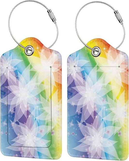 2 Pieces Rainbow Luggage Tags for Women Girls, Beautiful Leather Tags for Luggage with White Flower Pattern, Suitcase Tags with Privacy Cover ID Name Labels
