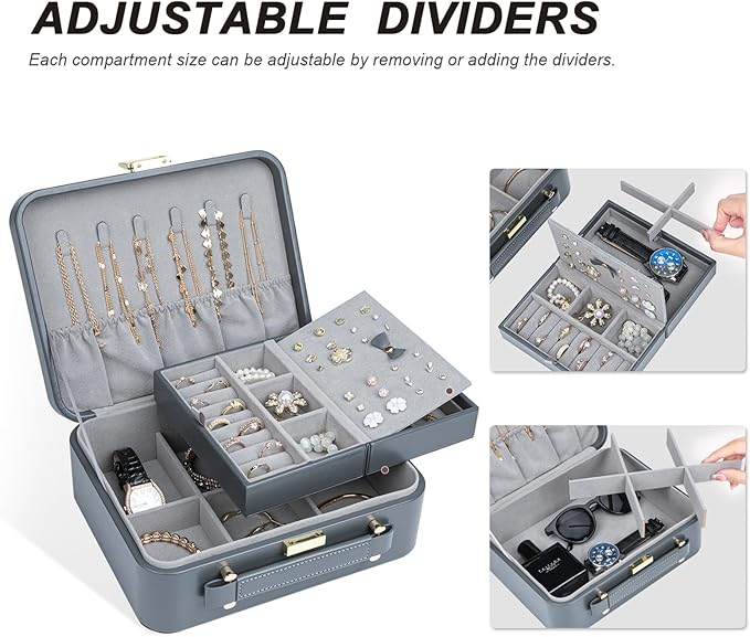 Travel Jewelry Case Large Jewelry Box Jewelry Travel Organizer Jewelry Case with Handle Removable Tray Best Gift for Women Girls (Grey)