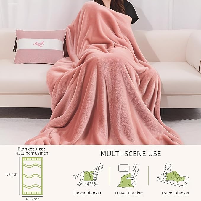 Melissa Large Travel Blanket and Inflatable Pillow Set - 69“ x 43.3” – Soft Blanket with Carry Bag – Lightweight, Compact & Washable for Backpacking, Hiking, Airplane, Car, Office, Camping (Pink)