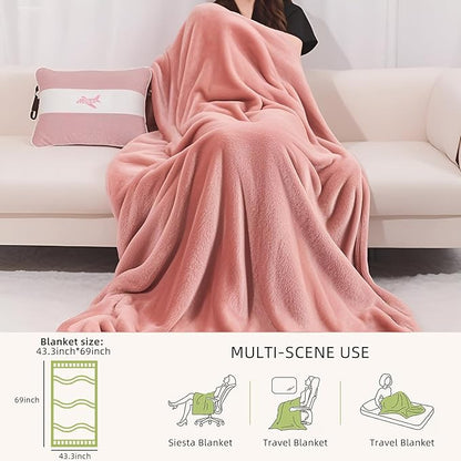 Melissa Large Travel Blanket and Inflatable Pillow Set - 69“ x 43.3” – Soft Blanket with Carry Bag – Lightweight, Compact & Washable for Backpacking, Hiking, Airplane, Car, Office, Camping (Pink)