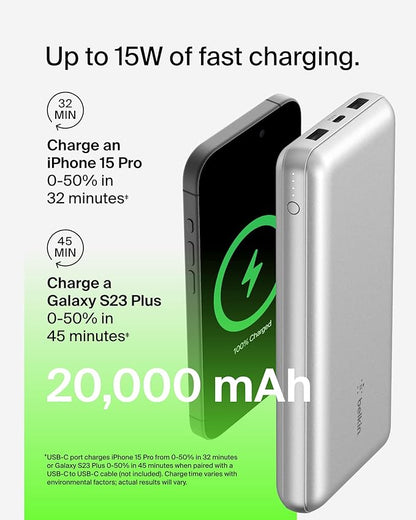 Belkin Portable Charger, USB-C Power Bank 20000 mAh w/ 1xUSB-C Port & 2xUSB-A Ports, 15W w/Type-C to Type-A Cable for iPhone 17, Samsung Galaxy S25, Nintendo Switch 2, Google Pixel 10, etc. - Silver
