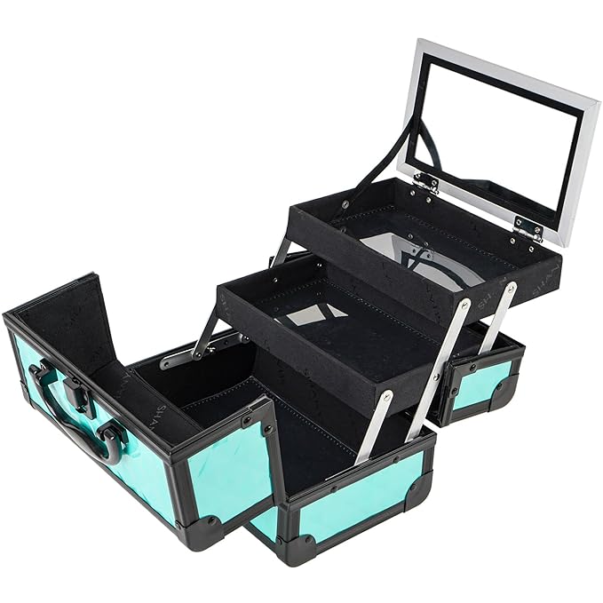 SHANY Chic Makeup Train Case Cosmetic Box Portable Makeup Case Cosmetics Beauty Organizer Jewelry storage with Locks, Multi trays Makeup Storage Box with Makeup Mirror - Turquoise
