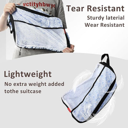 U+U 10 Set Compression Packing Cubes - Ultralight Travel Organizers with Laundry Bag and Cosmetic Bag, Space-Saving Suitcase Organizer for Travel, Business Trip and Family Vacation (Blue Flower)