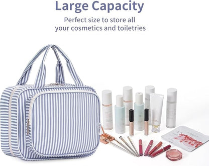 Narwey Striped Hanging Toiletry Bag for Women Travel Makeup Bag Organizer Toiletries Bag for Travel Size Essentials Accessories Cosmetics (Greyish Blue Stripe (Medium))