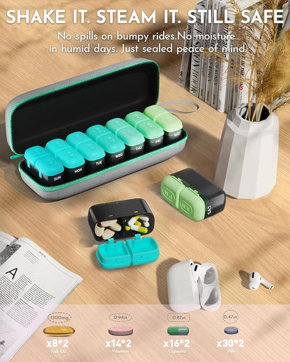Weekly Pill Organizer 2 Times a Day, 7 Day Travel Medicine Pill Organizer with Moisture-Proof Silicone Lid, AM PM Daily Pill Bottle for Vitamins & Supplements, Pocket-Size Pill Case(Green)