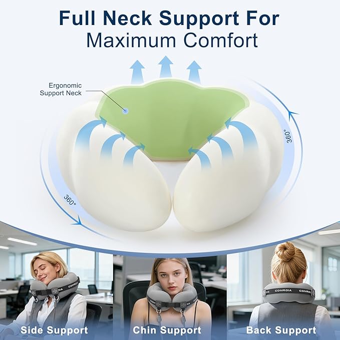 Travel Neck Pillow for Airplane, Super Soft Neck Support Travel Pillow - Lightweight and Stylish Convertible Style - Ergonomic Design for Long Flights, Car, Train & Office Use (Grey)