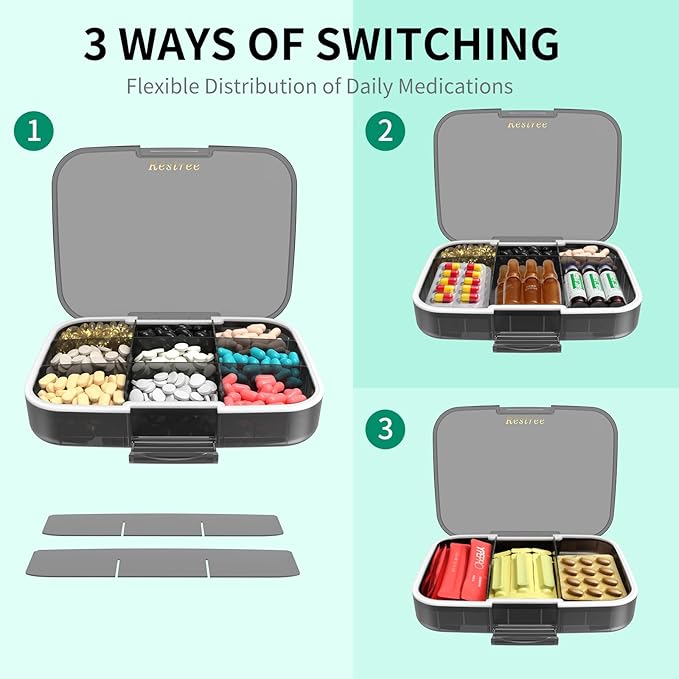 Restree Large Pill Organizer, Moisture Proof & Waterproof Travel Pill Case, Portable Medication Box with Adjustable Dividers for Vitamins Supplements Fish Oil and Daily Pills 9 Compartments (Black)