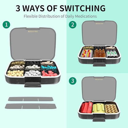 Restree Large Pill Organizer, Moisture Proof & Waterproof Travel Pill Case, Portable Medication Box with Adjustable Dividers for Vitamins Supplements Fish Oil and Daily Pills 9 Compartments (Black)