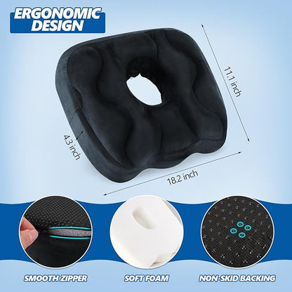 Seat Cushion for Office Chair, Tailbone & Sciatica Pain Relive, Butt Donut Pillow for Long Sitting Hours with Washable Cover, Soft Foam Cushion for Car, Wheelchair, Airplane, Truck (Black)
