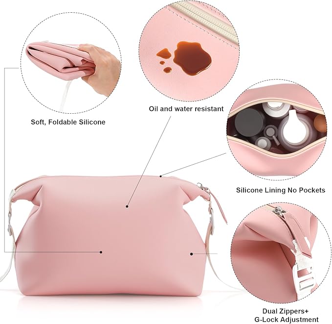 Vomgomfom 6L 13 Inch Silicone Toiletry Bag, Waterproof Leakproof Travel Cosmetic Organizer, Adjustable G-Buckle Compression Dopp Kit, Foldable Makeup Bag for Women & Men (Pink, 13" 6L)
