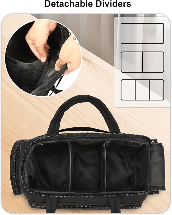 Travel Makeup Bag, Lightweight Wide-open Toiletry Bag for Women, Portable Cosmetic Bag Organizer with Handle for Accessories, Brushes Set, Travel-Sized Container for Trip, Camping - Black