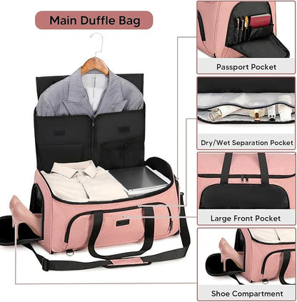 Convertible Garment Bags for Travel, 58L Capacity Garment Duffle Bag Carry on Garment Bag Weekender Travel Backpack, 4 in 1 Suit Bag with Shoes Compartment for Men Women,Pink