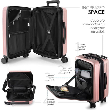 TRAVELARIM 22 Inch Carry On Luggage 22x14x9 Airline Approved, Small Carry On Suitcase, Hard-shell Carry-on Luggage with Wheels, Durable Pink Luggage Carry-On with Cosmetic Case and Luggage Scale