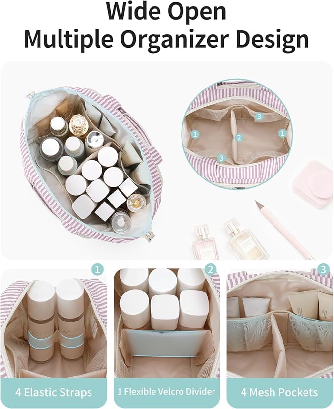 Narwey Travel Toiletry Bag, Wide-open Large Toiletry Bags for Traveling Women, Checkered Travel Bag for Toiletries Cosmetic Makeup Bag Organizer, Skincare Make Up Bag (Dusty Pink Stripe)