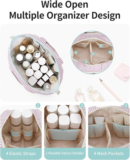 Narwey Travel Toiletry Bag, Wide-open Large Toiletry Bags for Traveling Women, Checkered Travel Bag for Toiletries Cosmetic Makeup Bag Organizer, Skincare Make Up Bag (Dusty Pink Stripe)