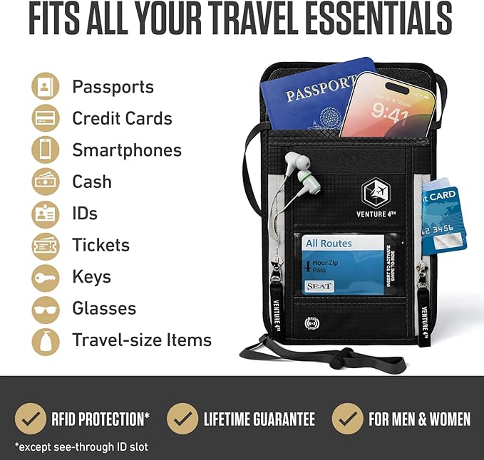 VENTURE 4TH Neck Wallet, RFID Blocking Passport Holder for Travel – Hidden Neck Pouch with 6 Compartments, Slim Lightweight Organizer with Adjustable Strap for Cash, Cards & Passport (Black)