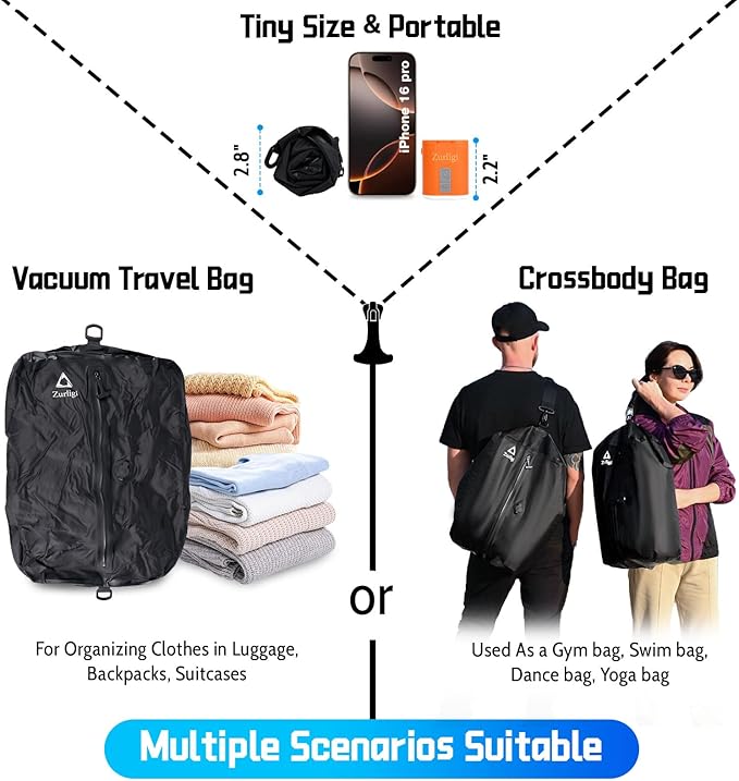 Zurligi Vacuum Bags for Travel with Pump, Vacuum Compression Bag with Adjustable Shoulder Strap, IP67 Reusable Vacuum Packing Cubes for Luggage, Backpack, Suitcase, Yoga, Swim, Beach