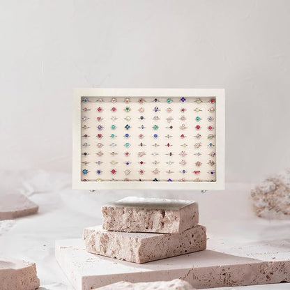 Stratalife Jewelry Organizer Ring Storage Display Tray with Clear Glass Lid Velvet Jewelry Showcase Ring Box for Multiple Rings Drawer Display 100 Slot (Beige)